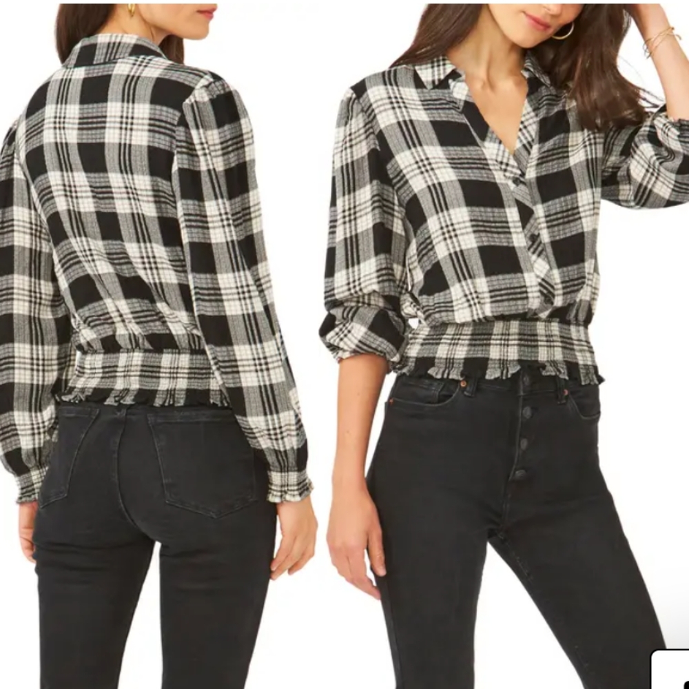 1. State Long Sleeve Smock Detail Plaid Collared Top in Black & White
